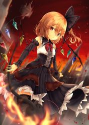 Rule 34 | 1girl, alternate costume, black dress, black footwear, black ribbon, blonde hair, blurry, blurry background, boots, bow, bowtie, breasts, castle, commentary request, crystal, detached sleeves, dress, dutch angle, fire, flandre scarlet, floating hair, floating island, flower, hair between eyes, hair ribbon, laevatein, long hair, one side up, outdoors, red bow, red bowtie, red eyes, red ribbon, red sky, renka (cloudsaikou), ribbon, rose, sky, small breasts, solo, thigh boots, thighhighs, touhou, wings