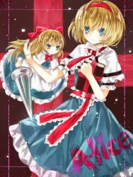 Rule 34 | 1girl, alice margatroid, apron, arm up, bad id, bad pixiv id, blonde hair, blue eyes, book, bow, brown background, capelet, character name, dress, flying, frown, glint, hair bow, headband, lance, long hair, long sleeves, looking at viewer, onaga, polearm, ribbon, sash, shanghai doll, short hair, short sleeves, smile, solo, striped, striped background, touhou, waist apron, weapon