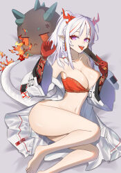 Rule 34 | 1girl, anger vein, arknights, bandeau, bare legs, barefoot, bottomless, braid, breasts, coat, collarbone, colored extremities, colored eyelashes, commentary, creature, dragon bubble (arknights), dragon girl, dragon horns, dragon tail, dusk (arknights), earrings, eyeliner, fire, flame-tipped tail, folded fan, folding fan, foot out of frame, hand fan, hands up, holding, holding fan, horns, jewelry, large breasts, long sleeves, looking at viewer, lying, makeup, medium hair, multicolored hair, navel, nian (arknights), off shoulder, open clothes, open coat, open mouth, pointy ears, purple eyes, red bandeau, red hair, red horns, solo, streaked hair, tail, talo (63078778), teeth, tongue, tongue out, upper teeth only, white coat, white hair, white tail, wide sleeves