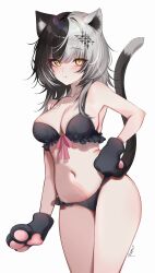 Rule 34 | 1girl, absurdres, animal ear fluff, animal ears, animal hands, bare shoulders, blush, cat ears, cat girl, cat tail, closed mouth, gloves, highres, hololive, hololive english, kemonomimi mode, looking at viewer, navel, paw gloves, pout, rosebell, shiori novella, simple background, solo, tail, thighs, virtual youtuber, white background