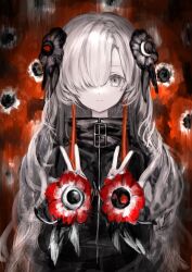Rule 34 | 1girl, anemone (flower), black coat, coat, commentary request, creature, double v, familiar, flower, grey eyes, grey hair, hair over one eye, highres, isekai joucho, kamitsubaki studio, light smile, long hair, looking at viewer, multicolored hair, red flower, red hair, sketch, solo, tsuyumikan, two-tone hair, upper body, v, virtual youtuber