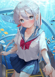 1girl absurdres aquarium aquarium_tunnel blue_eyes blush bow collarbone fish grabbing_another&#039;s_hand grey_hair hair_bow hamaken._(novelize) highres long_hair manta_ray neckerchief original pleated_skirt red_neckerchief sailor_collar school_uniform serafuku shirt short_sleeves skirt solo_focus tropical_fish tunnel white_shirt