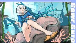 Rule 34 | 1girl, animal hood, barefoot, blue eyes, blue hair, blue hood, blue nails, feet, fins, fish tail, gawr gura, gawr gura (1st costume), hair ornament, highres, holding trident, hololive, hololive english, hood, karasimaki2017, knees together feet apart, multicolored hair, nail polish, open mouth, polearm, presenting foot, shark girl, shark hair ornament, shark hood, shark tail, sharp teeth, smile, soles, solo, streaked hair, tail, teeth, toenail polish, toenails, toes, trident, two side up, underwater, upper teeth only, virtual youtuber, weapon
