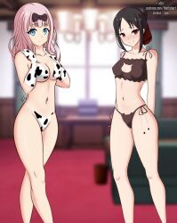 Rule 34 | 2girls, animal print, arms behind back, artist name, bikini, black hair, blue eyes, blush, breasts, cleavage, cow print, cow print bikini, fujiwara chika, hands on own shoulders, highres, kaguya-sama wa kokurasetai ~tensai-tachi no renai zunousen~, large breasts, legs, long hair, looking at viewer, multiple girls, navel, pink hair, print bikini, red eyes, shinomiya kaguya, small breasts, smile, swimsuit, thighs, thong bikini