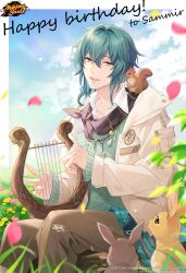 Rule 34 | 1boy, absurdres, animal, animal on shoulder, aqua eyes, blue hair, brown pants, commentary, english commentary, english text, falling petals, flower, happy birthday, highres, holding, holding instrument, instrument, jacket, logo, lyre, mahjong soul, male focus, miojun nono, mole, mole under eye, official art, official wallpaper, outdoors, pants, petals, pink flower, ponytail, rabbit, sammir (mahjong soul), sitting, solo, squirrel, white jacket, yellow flower