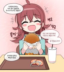 Rule 34 | 1girl, absurdres, ahoge, blue sleeves, blush stickers, burger, chair, child, closed eyes, commentary request, drink, drinking straw, drooling, food, glowing, hair between eyes, hair flaps, happy, happy meal, highres, holding, holding food, idolmaster, idolmaster shiny colors, komiya kaho, korean commentary, korean text, long hair, long sleeves, onion rings, open mouth, pelican (s030), pink background, red hair, shirt, sitting, smile, solo, speech bubble, table, tomato, translation request, tray, upper body, white shirt