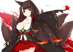 Rule 34 | 1girl, absurdres, aircraft, airplane, akagi (azur lane), animal ears, arm up, asymmetrical breasts, azur lane, bad id, bad pixiv id, black gloves, black kimono, blush, breasts, brown hair, catnnn, cleavage, cleavage cutout, clothing cutout, cowboy shot, dress, fire, fox ears, fox girl, fox tail, gloves, grin, hakama, hakama short skirt, hakama skirt, highres, japanese clothes, kimono, kitsune, large breasts, long hair, long sleeves, looking at viewer, medium breasts, multiple tails, outstretched arm, pleated dress, red eyes, red skirt, skirt, smile, solo, tail, very long hair, wide sleeves