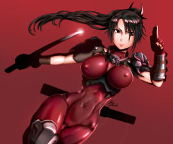 Rule 34 | 1girl, arm guards, armor, black hair, bodysuit, breasts, brown eyes, brown hair, cameltoe, cleft of venus, covered erect nipples, covered navel, curvy, fingerless gloves, gloves, highres, japanese armor, jazz jack, large breasts, long hair, looking at viewer, ninja, nipples, parted lips, ponytail, red background, red bodysuit, shoulder armor, simple background, skin tight, skull, solo, soul calibur, soulcalibur, soulcalibur vi, sword, sword behind back, taki (soulcalibur), teeth, thick thighs, thighs, weapon