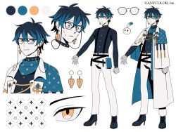 Rule 34 | 1boy, bags under eyes, black footwear, black gloves, black shirt, blue capelet, blue hair, blue scarf, book, capelet, character sheet, clenched hand, closed mouth, color guide, commentary, company name, earrings, english commentary, eyewear strap, fishnet gloves, fishnets, full body, glasses, gloves, hair between eyes, high heels, ike eveland, ike eveland (1st costume), jacket, jewelry, long sleeves, looking at viewer, male focus, multicolored hair, multiple views, nahusnab, nijisanji, nijisanji en, official art, pants, portrait, quildren (ike eveland), scarf, shirt, short hair, simple background, smile, standing, suspenders, sweat, two-tone hair, upper body, variations, virtual youtuber, white background, white capelet, white jacket, white pants, yellow eyes