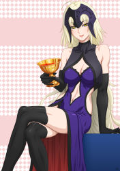 Rule 34 | 1girl, absurdres, ahoge, argyle, argyle background, argyle clothes, arm support, bare shoulders, black gloves, black thighhighs, blonde hair, blue dress, breasts, chalice, cleavage, clothing cutout, collarbone, crossed legs, cup, darkmuleth, dress, elbow gloves, fate/grand order, fate (series), gloves, headpiece, highres, hip vent, holding, holding cup, jeanne d&#039;arc (fate), jeanne d&#039;arc alter (avenger) (fate), jeanne d&#039;arc alter (avenger) (third ascension) (fate), jeanne d&#039;arc alter (fate), lace, lace-trimmed dress, lace trim, large breasts, long hair, looking at viewer, navel cutout, parted lips, pink background, red lips, seductive smile, sitting, smile, thighhighs, turtleneck, very long hair, yellow eyes