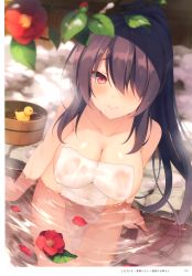 Rule 34 | 1girl, absurdres, aotsu karin, artist name, bare shoulders, blurry, blurry background, blush, branch, breasts, bucket, closed mouth, collarbone, covered erect nipples, covered navel, covering privates, fingernails, flower, hair over one eye, highres, large breasts, leaf, lips, long hair, looking at viewer, naked towel, nude cover, one eye covered, original, page number, partially submerged, petals, ponytail, purple eyes, purple hair, rubber duck, scan, shiny skin, simple background, sitting, smile, solo, towel, very long hair, water, water drop, wooden bucket, yotsuya kanade