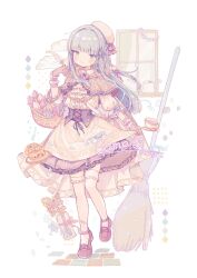 Rule 34 | 1girl, amakawa tamawo, basket, beret, blue flower, blush, broom, brown footwear, cake, closed mouth, commission, cup, dress, flower, food, full body, gloves, grey eyes, grey gloves, grey hair, hair ornament, hat, highres, holding, holding pen, long hair, original, pen, purple flower, shoes, signature, sleeves past elbows, smile, solo, thighhighs, white dress, white flower, white hat, white thighhighs, window, x hair ornament, yellow flower