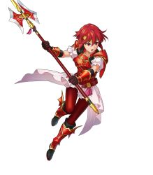 Rule 34 | 1girl, aged down, armor, armored boots, black gloves, boots, female focus, fire emblem, fire emblem: mystery of the emblem, fire emblem heroes, full body, gloves, headband, highres, holding, holding weapon, indesign, matching hair/eyes, minerva (fire emblem), nintendo, official art, polearm, red eyes, red footwear, red hair, short hair, skirt, solo, spear, transparent background, weapon