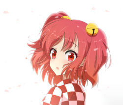 Rule 34 | 1girl, backlighting, bell, cato (monocatienus), checkered clothes, checkered kimono, commentary request, forbidden scrollery, glowing, hair bell, hair ornament, highres, japanese clothes, kimono, looking at viewer, looking back, motoori kosuzu, open mouth, petals, red eyes, red hair, short hair, simple background, solo, touhou, two side up, upper body, white background