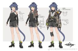 Rule 34 | 1girl, absurdres, animal ears, arknights, black footwear, black shirt, blouse, blue hair, boots, brown jacket, camouflage, camouflage jacket, cat ears, cat girl, cat tail, chinese text, cropped jacket, extra ears, fingerless gloves, gloves, green eyes, green legwear, grey background, grey shorts, gun, handgun, headset, high heel boots, high heels, highres, jacket, jessica (arknights), knee pads, long hair, multiple views, ponytail, pouch, shinnasuka025, shirt, shorts, simple background, single knee pad, socks, tail, translation request, two-tone background, weapon, weibo watermark, white background