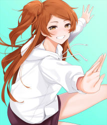Rule 34 | 1girl, blush, cowboy shot, drawstring, dutch angle, fed (giba), green background, grin, hood, hood down, hoodie, idolmaster, idolmaster million live!, idolmaster million live! theater days, long hair, long sleeves, looking at viewer, miniskirt, ogami tamaki, one side up, orange eyes, orange hair, outstretched arms, parted bangs, pocket, simple background, sitting, skirt, smile, solo, sweater, translated, tsurime, white hoodie