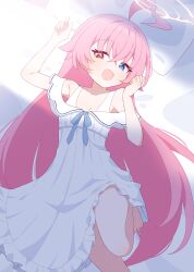 Rule 34 | 1girl, absurdres, ahoge, barefoot, bed sheet, blue archive, blue eyes, blush, breasts, cleavage, dress, foot out of frame, hagoonha, hair between eyes, halo, heterochromia, highres, hoshino (blue archive), long hair, looking at viewer, open mouth, pillow, pink hair, pink halo, small breasts, solo, white dress, yellow eyes