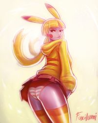 Rule 34 | 1girl, animal ears, artist name, ass, blonde hair, blush stickers, creatures (company), female focus, foxilumi, from behind, game freak, gen 1 pokemon, hair tie, hood, hoodie, long hair, long sleeves, looking back, looking to the side, nintendo, orange thighhighs, panties, pantyshot, personification, pikachu, pleated skirt, pokemon, red eyes, red skirt, shiny skin, signature, simple background, skirt, solo, standing, striped clothes, striped panties, thighhighs, underwear, yellow background, yellow hoodie, yellow panties