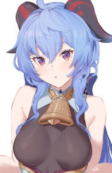 Rule 34 | 1girl, :o, ahoge, bare arms, bell, blue hair, blush, bow, breasts, fikkyun, ganyu (genshin impact), genshin impact, highres, horns, long hair, looking at viewer, medium breasts, neck bell, purple eyes, sidelocks, signature, sleeveless, solo, upper body, white background