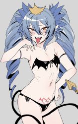 Rule 34 | 1girl, :d, arm strap, bare shoulders, bikini, black bikini, blue hair, blush, bra, contrapposto, copyright request, cowboy shot, crown, demon girl, demon tail, drill hair, fangs, flat chest, gradient hair, grey background, hair ornament, hand on own hip, hand up, highres, lewisia aquablue, little mare, long hair, looking at viewer, multicolored hair, navel, open mouth, orange eyes, pointy ears, pubic tattoo, side-tie bikini bottom, simple background, skindentation, smile, solo, standing, strapless, strapless bra, swimsuit, tail, tattoo, tongue, tongue out, twin drills, twintails, underwear