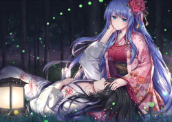Rule 34 | 1boy, 1girl, althea (sakiya0000), arm up, black hair, blue eyes, blue hair, breasts, collarbone, eye contact, floating hair, flower, forest, hair flower, hair ornament, hand on another&#039;s cheek, hand on another&#039;s face, hand on another&#039;s shoulder, japanese clothes, jewelry, kimono, kneeling, lantern, lap pillow, large breasts, long hair, looking at another, lying, nature, night, obi, on back, original, outdoors, oyukata, red eyes, red flower, red kimono, ring, sash, sitting, smile, tree, very long hair