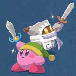 Rule 34 | blue background, colored skin, gloves, green headwear, highres, holding, holding sword, holding weapon, kirby, kirby&#039;s return to dream land, kirby&#039;s return to dream land deluxe, kirby's return to dream land deluxe, kirby (series), magolor, magolor epilogue, miclot, nintendo, no humans, pink skin, rayman limbs, simple background, smile, solid oval eyes, sparkle, sword, sword kirby, torn clothes, weapon, yellow eyes