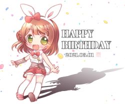 Rule 34 | 1girl, animal ears, animal print, aoya (canyon), arm warmers, artist name, artist request, bare legs, bare shoulders, blush, bow, bowtie, braid, braided bun, breasts, buttons, chibi, cowboy shot, crescent moon, crescent moon symbol, cropped vest, exciting animal (love live!), fake animal ears, female focus, full body, fur-trimmed shorts, fur trim, green eyes, hair bow, hair bun, hairband, highres, hood, hooded vest, hoodie, looking at viewer, love live!, love live! nijigasaki high school idol club, love live! school idol festival, love live! school idol festival all stars, moon, orange hair, outstretched arms, pants, parted lips, pink bow, pink footwear, pink shirt, pink slippers, rabbit ears, rabbit print, rabbit tail, red bow, red hair, red shorts, shirt, short hair, short pants, short shorts, shorts, side bun, single hair bun, sleeveless, sleeveless hoodie, slippers, small breasts, smile, solo, striped clothes, striped shirt, suspender shorts, suspenders, tail, uehara ayumu, vest, white background, white hairband, white hoodie, white legwear, white vest, yellow eyes