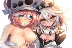 Rule 34 | :o, bare shoulders, black gloves, blue eyes, blush, breasts, brown eyes, cleavage, collar, collarbone, dark-skinned female, dark skin, elbow gloves, elphelt valentine, gloves, guilty gear, guilty gear xrd, hat, large breasts, long hair, looking at viewer, off shoulder, oro (sumakaita), parted lips, pink hair, ramlethal valentine, same-sex bathing, shared bathing, shiny skin, short hair, silver hair, small breasts, spiked collar, spikes, sweat, swept bangs, upper body, white background