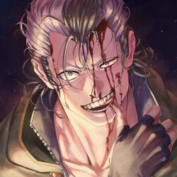 Rule 34 | 1boy, black capelet, black clover, black gloves, black hair, blood, blood on face, blue eyes, capelet, fingerless gloves, gloves, highres, licking blood, looking at viewer, magna swing, male focus, multicolored hair, no eyewear, nosebleed, open mouth, purple hair, smile, solo, sosuke ppp, teeth