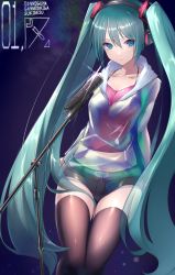 Rule 34 | 1girl, black shorts, black thighhighs, blue background, blue eyes, blue hair, collarbone, hair between eyes, hatsune miku, headphones, highres, hood, hood down, hooded sweater, long hair, looking at viewer, micro shorts, microphone stand, midriff, parted lips, pink shirt, saikuu, see-through, shiny clothes, shiny legwear, shirt, shorts, sleeveless, sleeveless shirt, solo, stomach, sweater, thigh gap, thighhighs, twintails, very long hair, vocaloid, white sweater, zettai ryouiki
