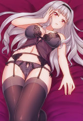 Rule 34 | 1girl, babydoll, bed sheet, black panties, black thighhighs, bow, breasts, cleavage, covered erect nipples, cowboy shot, crotch, garter belt, hairband, hand on own face, highres, idolmaster, idolmaster (classic), lace, lace-trimmed panties, lace trim, large breasts, lingerie, long hair, looking at viewer, lying, navel, on back, panties, parted lips, purple eyes, shijou takane, silver hair, smile, solo, thighhighs, umihal, underwear, underwear only