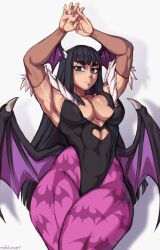 Rule 34 | 1girl, absurdres, armpits, bat wings, blue eyes, breasts, cosplay, demon, demon girl, highres, kill la kill, kiryuuin satsuki, large breasts, mdblues, morrigan aensland (cosplay), solo, standing, thick thighs, thighs, vampire (game), wide hips, wings