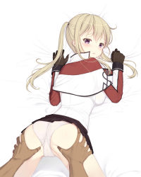Rule 34 | 10s, 1boy, 1girl, :o, ass, ass grab, bad id, bad pixiv id, black skirt, blonde hair, blush, breasts, brown gloves, capelet, cnm, cross, from behind, frown, gloves, grabbing another&#039;s ass, graf zeppelin (kancolle), groping, hetero, highres, iron cross, kantai collection, long hair, long sleeves, looking back, lying, military, military uniform, necktie, on stomach, open mouth, panties, pleated skirt, purple eyes, red necktie, shirt, sidelocks, skirt, sleeve cuffs, solo focus, tareme, teardrop, tears, thighs, twintails, underwear, uniform, white panties, white shirt