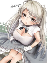 Rule 34 | 1girl, akino shuu, armpit cutout, blush, breasts, brown eyes, cleavage, cleavage cutout, clothing cutout, conte di cavour (kancolle), conte di cavour nuovo (kancolle), corset, dress, frilled dress, frills, gloves, grey dress, grey hair, kantai collection, large breasts, layered dress, long hair, looking at viewer, open mouth, sitting, smile, solo, twitter username, two-tone dress, two side up, white background, white dress, white gloves