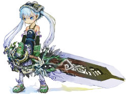Rule 34 | 1girl, bare shoulders, blue eyes, blue hair, blush, collarbone, full body, holding, holding sword, holding weapon, long hair, looking away, original, oversized object, parted lips, solo, sword, tsukushi akihito, twintails, weapon