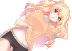 Rule 34 | 1girl, :o, arm up, black shorts, blonde hair, blush, breasts, collarbone, double bun, enatsu, from above, green eyes, hair between eyes, hair bun, hair ornament, hand under clothes, hand under shirt, highres, hololive, long hair, looking at viewer, medium breasts, momosuzu nene, navel, open mouth, orange shirt, shirt, short shorts, short sleeves, shorts, simple background, solo, star (symbol), star hair ornament, t-shirt, virtual youtuber, white background