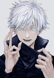 Rule 34 | 1boy, black jacket, blue eyes, colored eyelashes, crossed fingers, gojou satoru, hair between eyes, hands up, high collar, highres, jacket, jujutsu kaisen, long sleeves, looking at viewer, male focus, namida a2, open mouth, short hair, simple background, smile, solo, upper body, white background, white hair