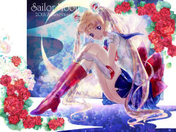 Rule 34 | 1990s (style), 1girl, anniversary, bishoujo senshi sailor moon, blonde hair, blue sailor collar, blue skirt, boots, bow, double bun, elbow gloves, flower, gloves, knee boots, long hair, looking at viewer, purple eyes, red bow, red flower, red rose, rose, sailor collar, sailor moon, sailor senshi, skirt, solo, tiara, tsukino usagi, twintails, white gloves, yamaguchi mococo