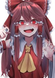 Rule 34 | 1girl, ascot, blush, bow, breasts, brown hair, claw pose, detached sleeves, eyebrows hidden by hair, hair between eyes, hair bow, hair tubes, hakurei reimu, hands up, highres, long hair, looking at viewer, nose blush, open mouth, red bow, red eyes, red vest, sidelocks, simple background, small breasts, solo, sweatdrop, teeth, touhou, tsune (tune), upper body, upper teeth only, vest, white background, wide-eyed, wide sleeves, yellow ascot