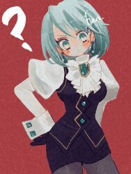 Rule 34 | 1girl, ?, ace attorney, arm at side, artist name, ascot, black gloves, black skirt, black vest, blue brooch, blue eyes, blue gemstone, blue hair, blush, bow, bowtie, buttons, closed mouth, cowboy shot, diamond button, dot mouth, earrings, franziska von karma, gem, gloves, grey pantyhose, han (hn-khk), hand on own hip, highres, jewelry, juliet sleeves, long sleeves, miniskirt, mole, mole under eye, no nose, pantyhose, pencil skirt, puffy sleeves, red background, shirt, short hair, signature, simple background, skirt, sleeve cuffs, solo, sparkle, turtleneck, vest, white ascot, white bow, white bowtie, white shirt
