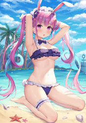 Rule 34 | 1girl, absurdres, animal ears, armpits, arms behind back, arms up, bare arms, bare shoulders, barefoot, beach, bikini, bow, bowtie, breasts, rabbit ears, cleavage, cloud, colored inner hair, day, detached collar, fake animal ears, frilled bikini, frills, groin, hair ornament, highres, hokori sakuni, hololive, large breasts, bridal garter, long hair, looking at viewer, minato aqua, multicolored hair, nail polish, navel, outdoors, parted lips, purple bikini, purple eyes, purple hair, revision, sand, seiza, shell, sitting, sky, solo, starfish, stomach, swimsuit, thighs, tree, twintails, two-tone hair, underboob, very long hair, virtual youtuber, water, x hair ornament