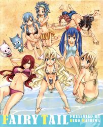 Rule 34 | 2boys, 6+girls, ass, barefoot, beach, bikini, breasts, butt crack, casual one-piece swimsuit, charle (fairy tail), cleavage, erza scarlet, fairy tail, feet, gray fullbuster, happy (fairy tail), highres, juvia lockser, kneeling, large breasts, levy mcgarden, looking at viewer, lucy heartfilia, lying, mashima hiro, mavis vermilion, medium breasts, multiple boys, multiple girls, natsu dragneel, navel, on back, one-piece swimsuit, partially submerged, side-tie bikini bottom, sitting, small breasts, smile, swimsuit, underboob, wendy marvell