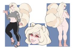 Rule 34 | 1girl, absurdres, animal ears, ass, black pants, blonde hair, blouse, braces, breasts, character sheet, grey shirt, hand up, highres, looking at viewer, midriff, multiple views, navel, original, pants, paris (lionheartreaver), profile, red eyes, second-party source, shirt, smile, standing, tail, underboob, viewtifulbeck