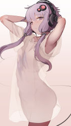 Rule 34 | 1girl, absurdres, armpits, arms up, at2., blush, breasts, brown background, commentary request, dress, gradient background, grey background, groin, hair between eyes, hair ornament, head tilt, headphones, highres, long hair, looking at viewer, navel, purple eyes, purple hair, see-through, short sleeves, small breasts, solo, voiceroid, white dress, wide sleeves, yuzuki yukari