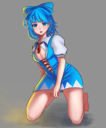 Rule 34 | 1girl, 4 am, 4 am (artist), :o, adapted costume, aged up, bare legs, barefoot, blue bow, blue dress, blue eyes, blue hair, blush, bow, breasts, brown background, cirno, cleavage, collarbone, collared shirt, colored eyelashes, contrapposto, cross-laced clothes, dress, full body, hair bow, highres, kneeling, legs apart, light, looking at viewer, matching hair/eyes, navel, open mouth, puffy short sleeves, puffy sleeves, red ribbon, ribbon, round teeth, shade, shirt, short dress, short hair, short sleeves, simple background, sleeveless, sleeveless dress, solo, teeth, thighs, toenails, toes, touhou, white shirt