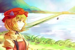 Rule 34 | 1girl, 1other, aki minoriko, apron, blonde hair, closed mouth, commentary request, grass, hat, kutsuki kai, mob cap, mountain, one-hour drawing challenge, outdoors, red apron, red headwear, short hair, smile, solo focus, touhou, upper body, yellow eyes