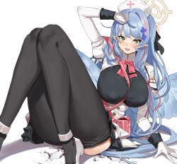 Rule 34 | 1girl, absurdres, arm up, between breasts, black bow, blue archive, blue hair, blue wings, bow, bowtie, braid, breasts, crack, cracked floor, crossed bandaids, dress, feipin zhanshi, green eyes, hair bow, hair ribbon, halo, hand up, hat, high heels, highres, juliet sleeves, knees up, large breasts, light blue hair, long sleeves, low twin braids, lying, mine (blue archive), nurse cap, pantyhose, pink bow, pink bowtie, pointy ears, pointy hair, puffy sleeves, ribbon, twin braids, white dress, wings