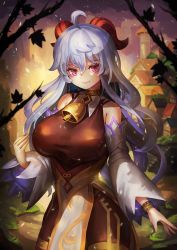 Rule 34 | 1girl, absurdres, ahoge, alternate breast size, bare shoulders, bell, black pantyhose, blue hair, bracelet, branch, breasts, closed mouth, commentary, cowboy shot, detached sleeves, eyelashes, ganyu (genshin impact), genshin impact, goat girl, goat horns, gold trim, hair between eyes, highres, horns, jewelry, large breasts, leaf, lips, long hair, neck bell, pantyhose, pink eyes, shaded face, shadow, smile, solo, sparkle, taut clothes, village, vision (genshin impact), wide sleeves, ziteng yue