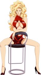 Rule 34 | 1990s (style), 1girl, absurdres, bar seat, bar stool, blonde hair, breasts, brown eyes, center opening, cleavage, covered erect nipples, crotch, dress, formal, golden boy, halterneck, high heels, highres, kawamoto toshihiro, large breasts, long hair, looking at viewer, midriff, nail polish, no bra, onna shachou, retro artstyle, sitting, smirk, solo, spread legs, stool, suit, tight clothes, transparent background, underboob, vector trace, wavy hair, zipper