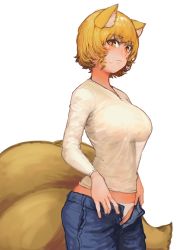 Rule 34 | 1girl, absurdres, alternate costume, alternate eye color, animal ear fluff, animal ears, beige shirt, blonde hair, blush, breasts, brown eyes, chanta (ayatakaoisii), closed mouth, cowboy shot, denim, fox ears, fox tail, from side, hair between eyes, highres, jeans, large breasts, looking at viewer, multiple tails, no headwear, open pants, pants, pink lips, see-through, shirt, short hair, sidelocks, simple background, slit pupils, solo, sweatdrop, tail, taut clothes, taut shirt, touhou, white background, white pants, yakumo ran